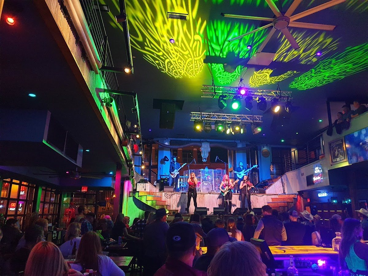 A band on stage in a packed Nashville honky-tonk