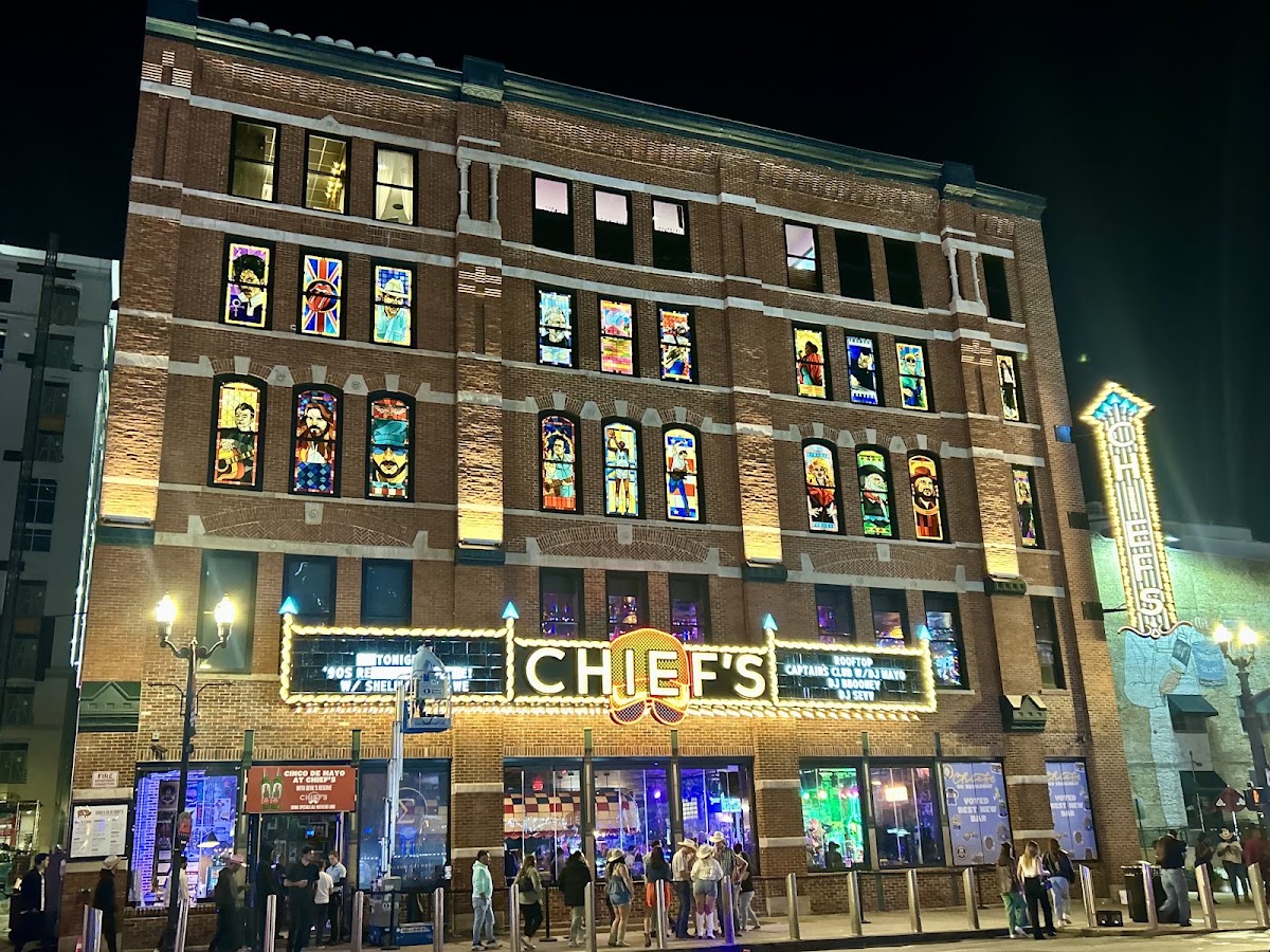 Chief's on Broadway lit up at night at 2nd and Broadway, Nashville