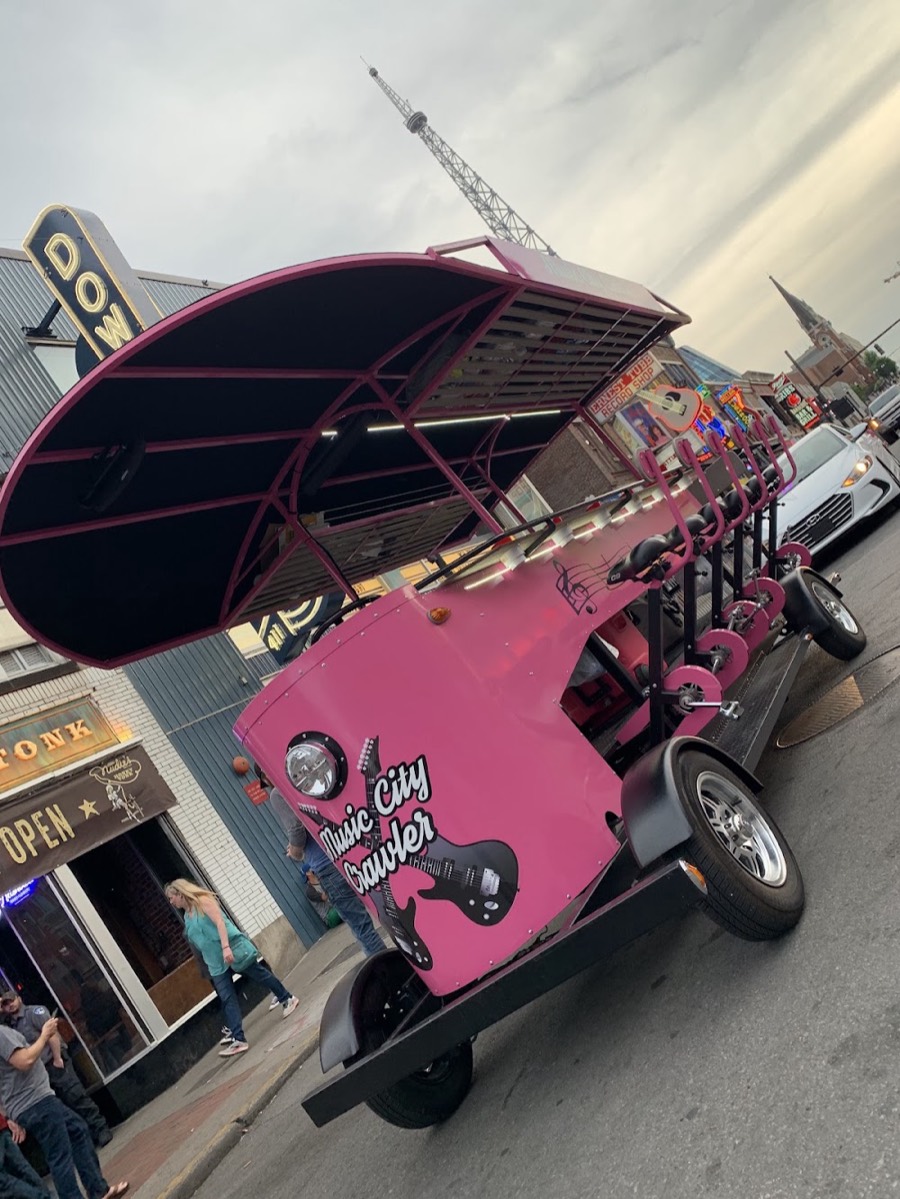 The Music City Crawler beer bike parked on Lower Broadway in Nashville